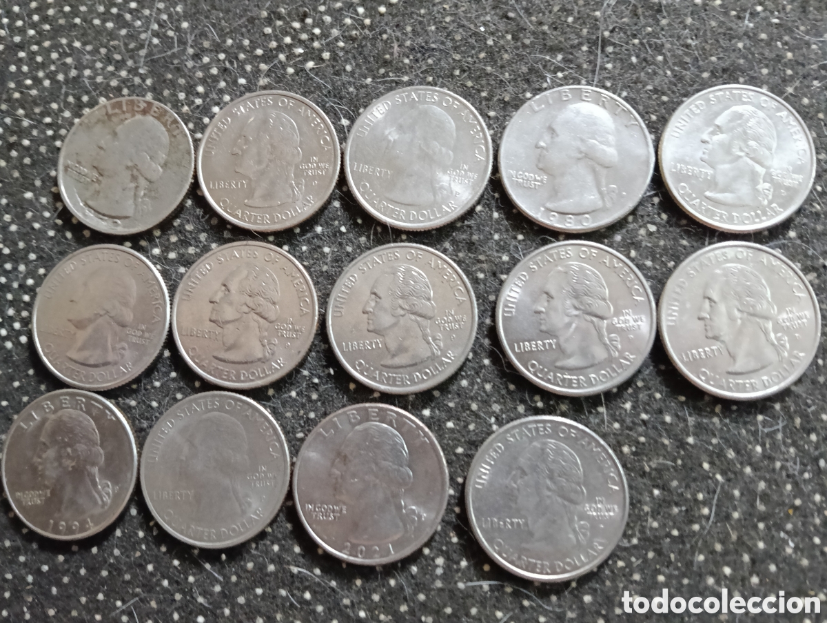Monedas antiguas de Am&eacute;rica: Lote de 14 monedas de 1/4 de dolar Estados Unidos con varios a&ntilde;os 1972-2007-2013-1980-2005-20