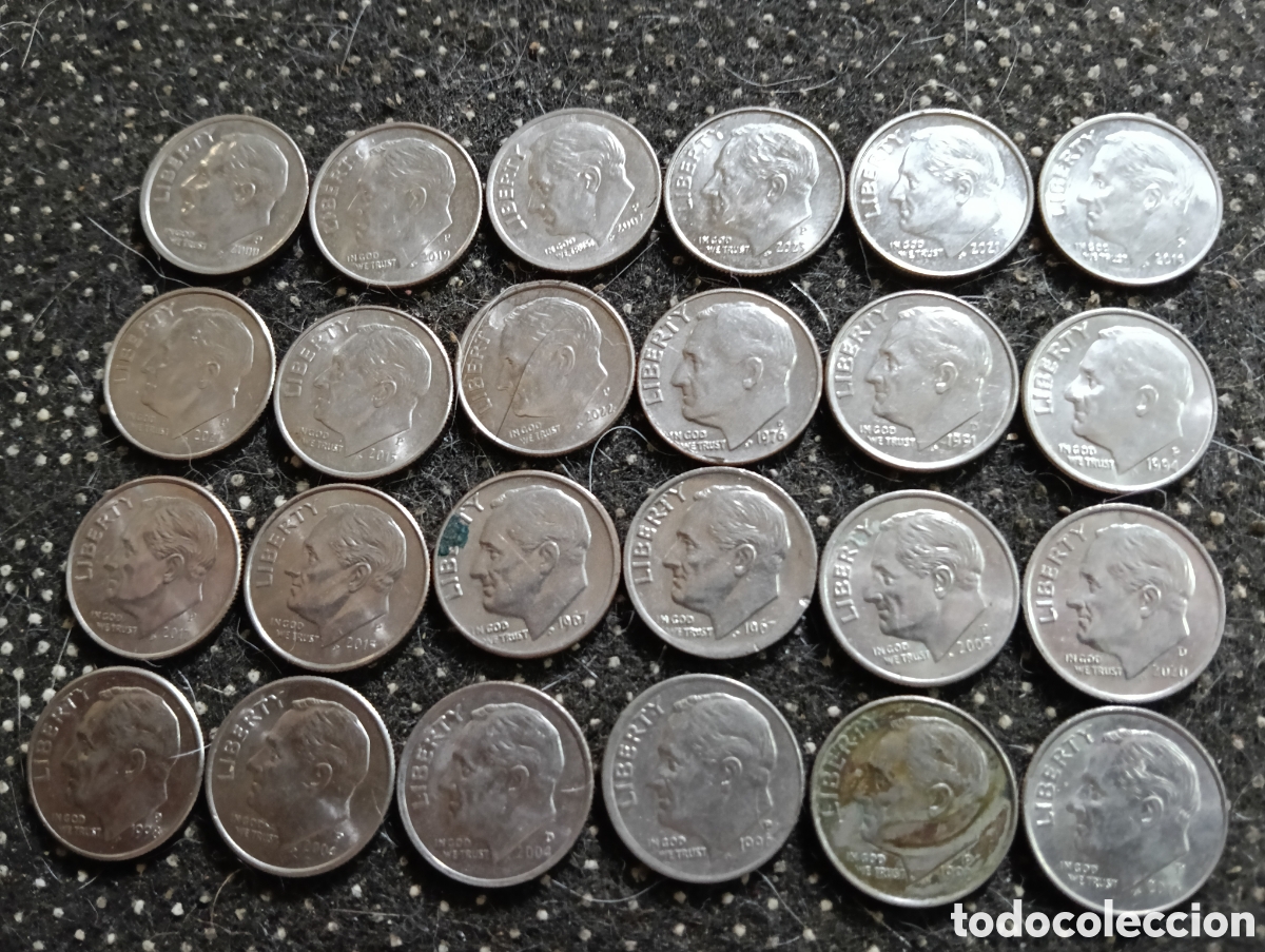 Monedas antiguas de Am&eacute;rica: Lote de 24 monedas de 10 centavos de Estados Unidos con varios a&ntilde;os 2000- 2016-2021-1997- 2019-