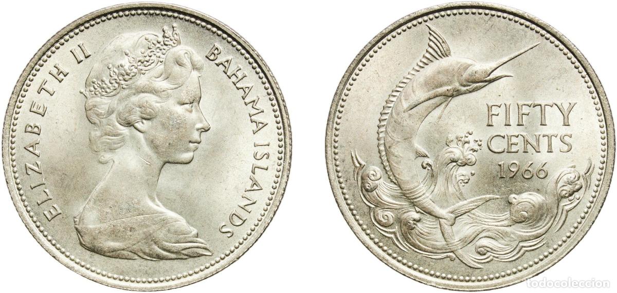 Monedas antiguas de Am&eacute;rica: The Bahamas British Crown colony 1966 50 Cents - Elizabeth II Silver (.800) (Copper .200) Royal Min