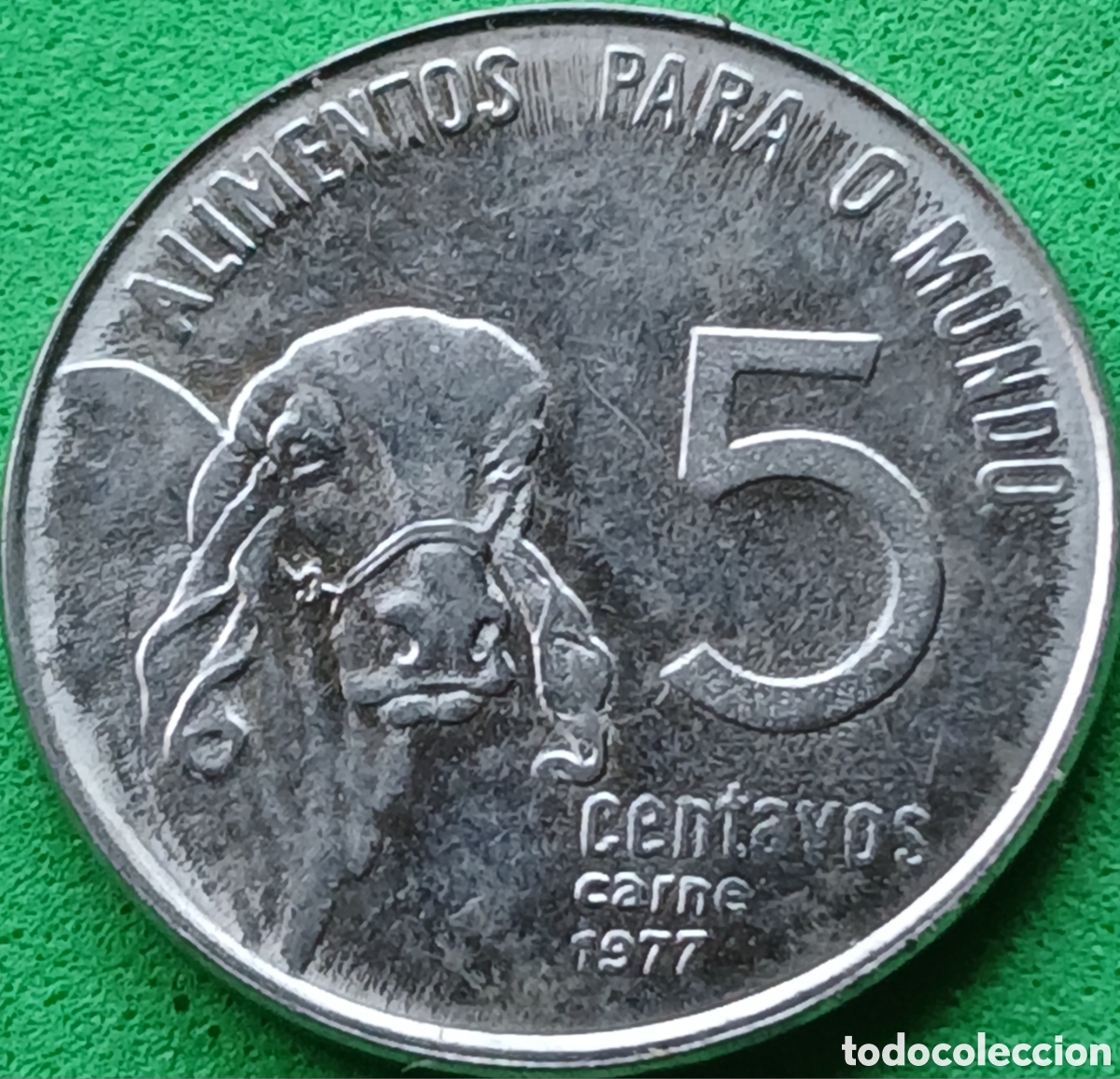 Monedas antiguas de Am&eacute;rica: Brasil 5 centavos 1977 km#587 sin ondas de cabello, Ceb&uacute;- FAO, poco com&uacute;n