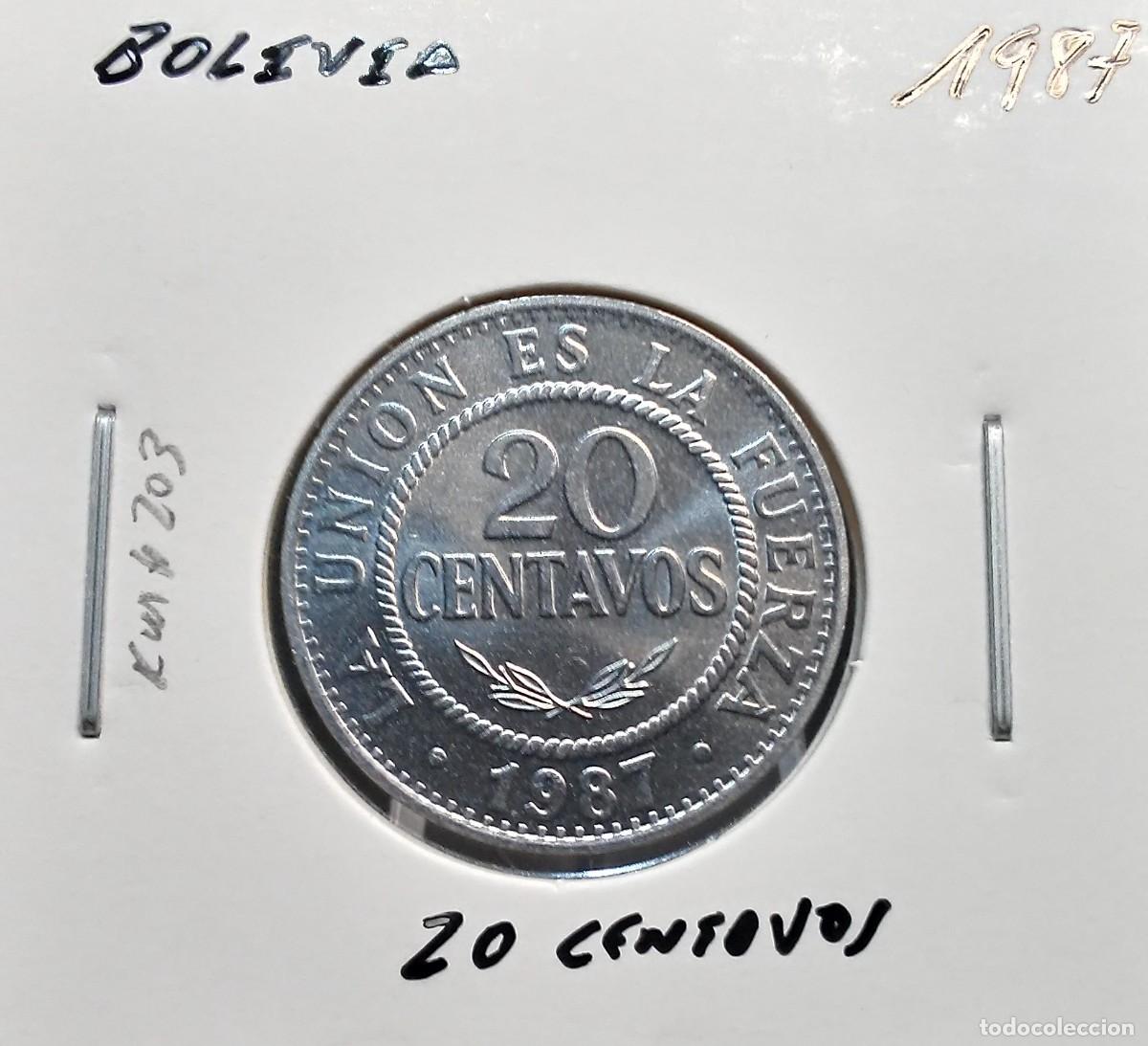Monedas antiguas de Am&eacute;rica: BOLIVIA 20 CENTAVOS 1987 KM#203 SC UNC.