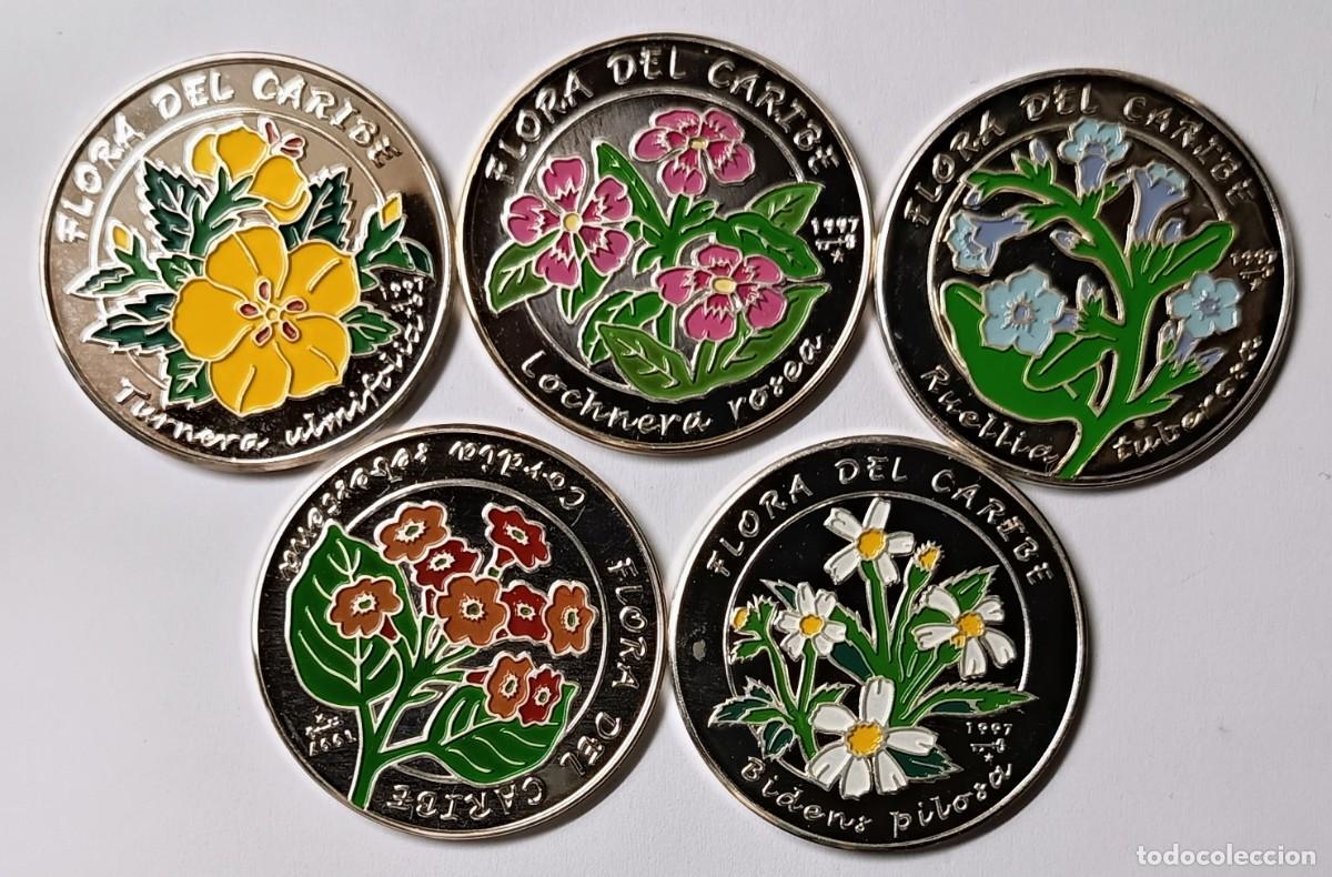 Monedas antiguas de Am&eacute;rica: CUBA. SERIE FLORA DEL CARIBE. 5 MONEDAS DE 10 PESOS. PLATA PROOF. ,999. 15 gramos (x 5). MULTICOLOR
