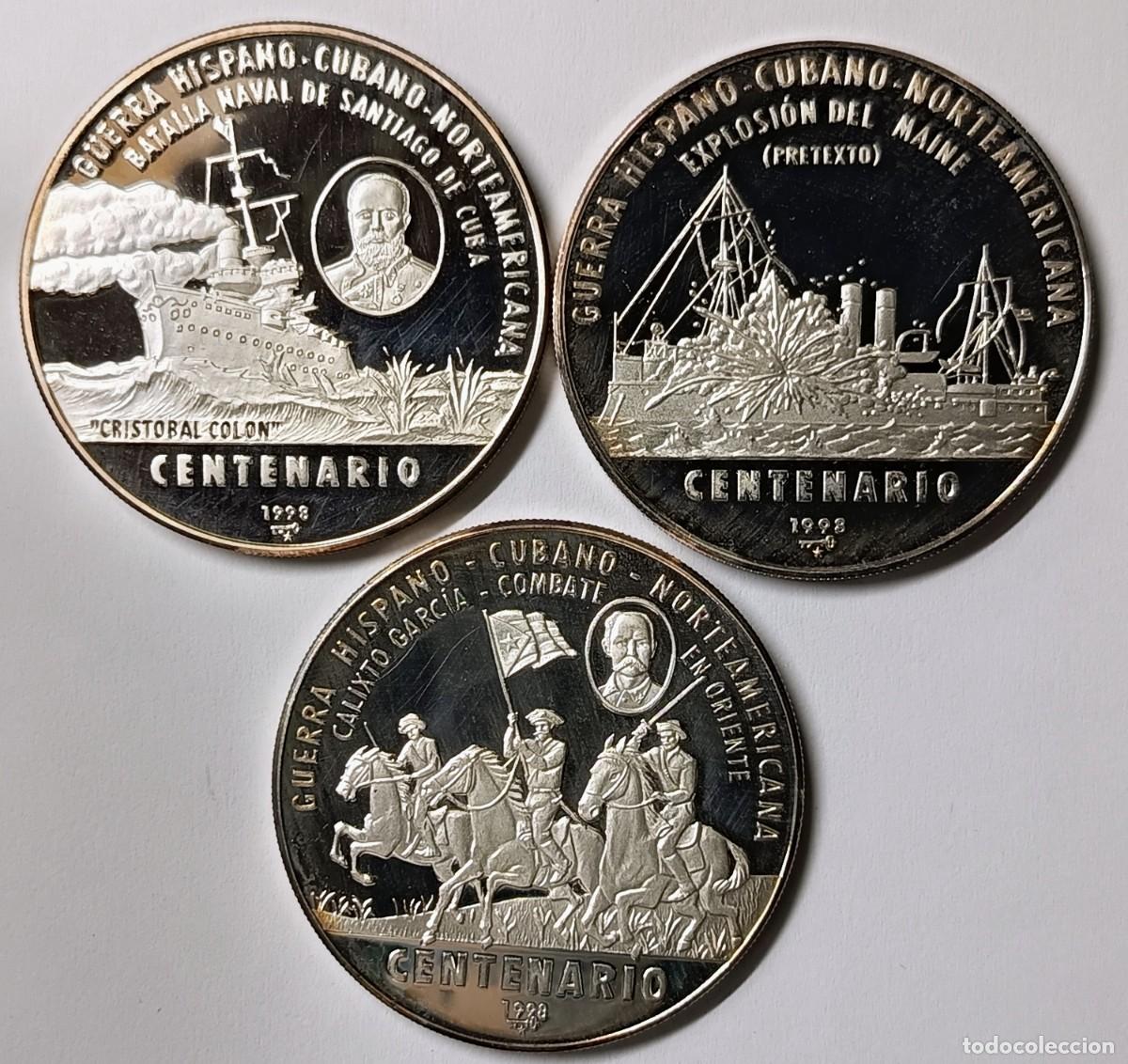 Monedas antiguas de Am&eacute;rica: CUBA. 3 MONEDAS &ldquo;GUERRA HISPANO-CUBANO-NORTEAMERICANA&rdquo; 1998. 10 PESOS. PLATA. PROOF. ,999. 31,10 g