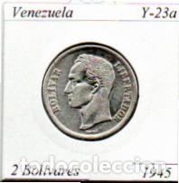 Monedas antiguas de Am&eacute;rica: VENEZUELA 1945, 2 BOLIVARES, KM-23a, AG, EBC