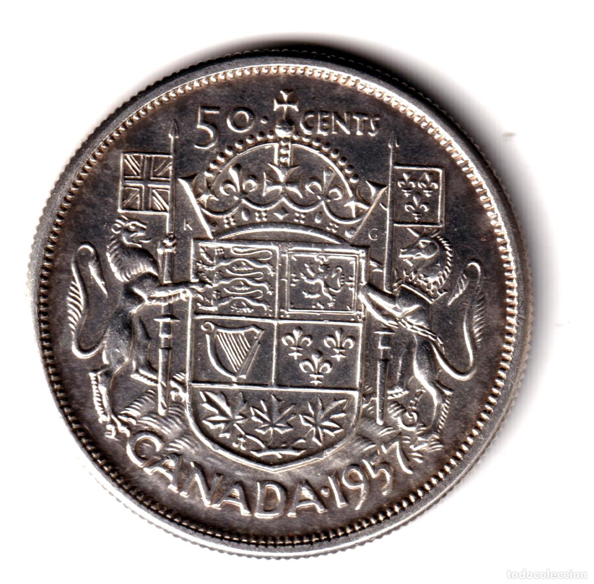 Monedas antiguas de Am&eacute;rica: CANADA 50 cents plata 1957 - Reina Isabel II de Inglaterra