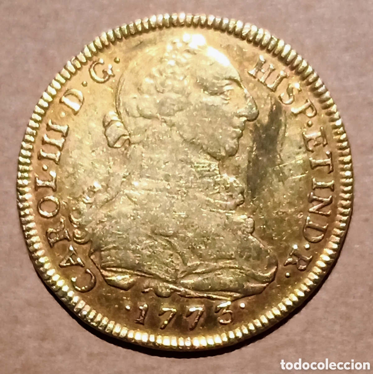 Monedas antiguas de Am&eacute;rica: 8 Escudos 1773 Oro - Ceca JM Lima - circulada .