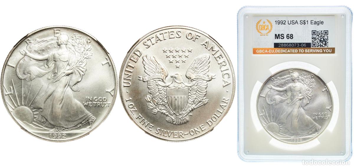 Monedas antiguas de Am&eacute;rica: United States Federal republic 1992 1 Dollar &rdquo;American Silver Eagle&rdquo; (Bullion Coin) Silver (.999) S
