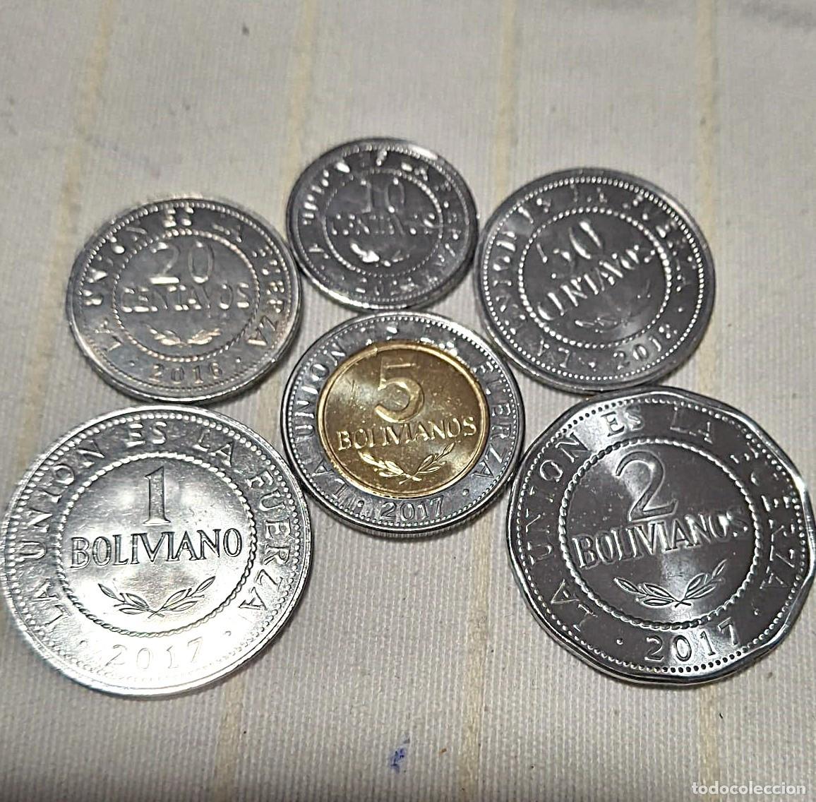 Monedas antiguas de Am&eacute;rica: Bolivia, Set de 5 monedas: 10, 20 y 50 C&eacute;ntimos + 1, 2 y 5 Bolivianos. Nuevas, sin circular.