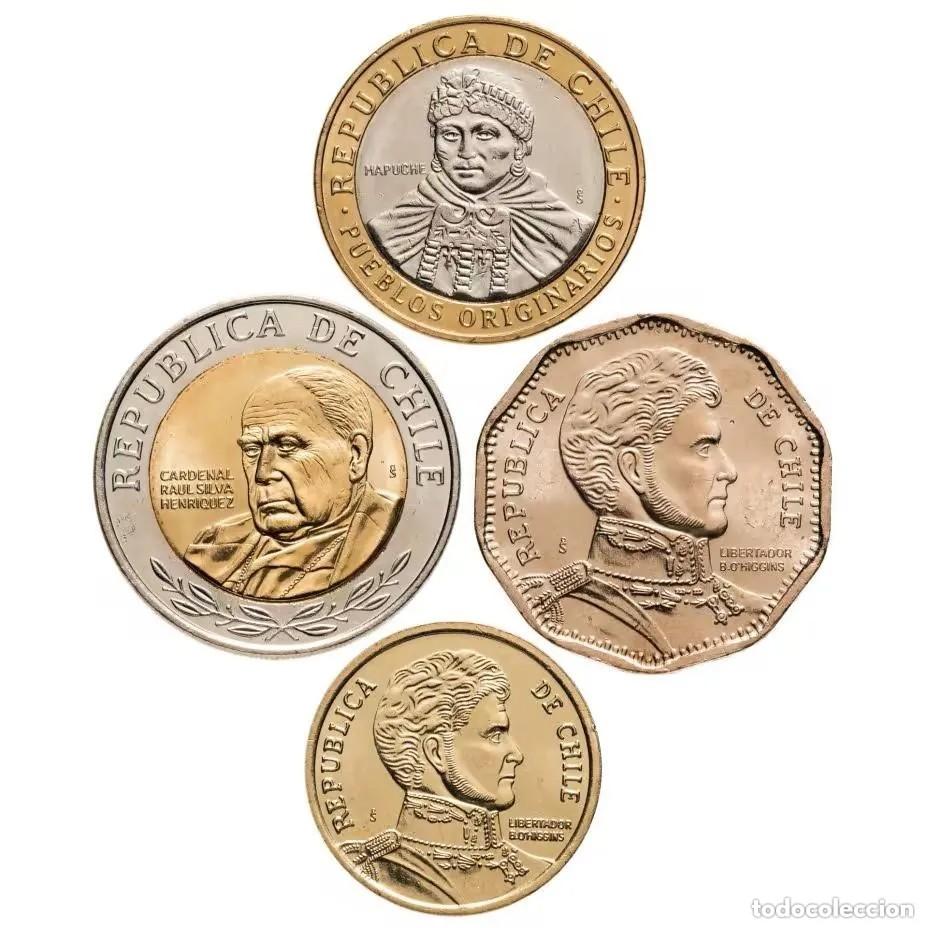 Monedas antiguas de Am&eacute;rica: Chile: Set de 4 monedas: 10, 50, 100 y 500 (bimet&aacute;lica) pesos./ Sin Circular.