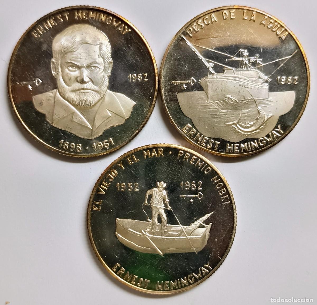 Monedas antiguas de Am&eacute;rica: CUBA. &ldquo;ERNEST HEMINGWAY&rdquo;. 1982. 3 MONEDAS DE 5 PESOS. PLATA. PROOF. ,999. 12 gramos (x3) RARAS