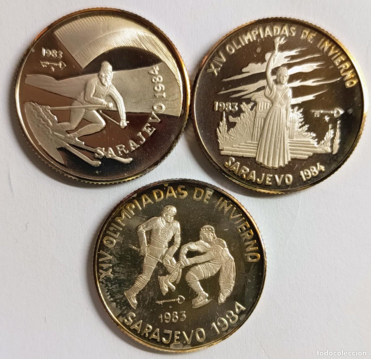 Monedas antiguas de Am&eacute;rica: CUBA. SERIE &ldquo;XIV OLIMPIADAS DE INVIERNO. SARAJEVO 1984&rdquo;. 1983. 3 MONEDAS DE 5 PESOS. PLATA. PROOF.