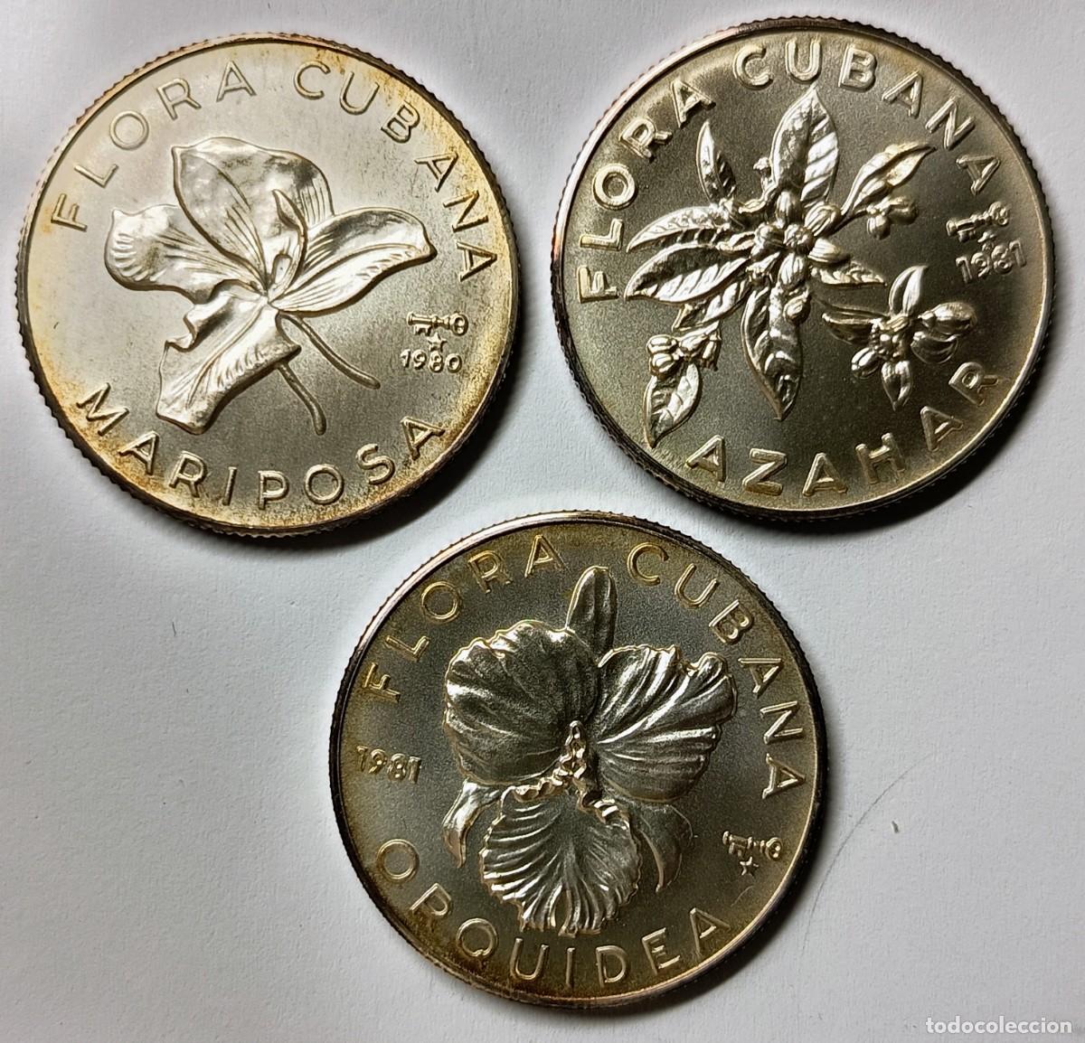 Monedas antiguas de Am&eacute;rica: CUBA. SERIE &ldquo;FLORA CUBANA&rdquo;. 1981. 3 MONEDAS DE 5 PESOS. PLATA. FDC. ,999. 12 gramos (x3) ESCASAS