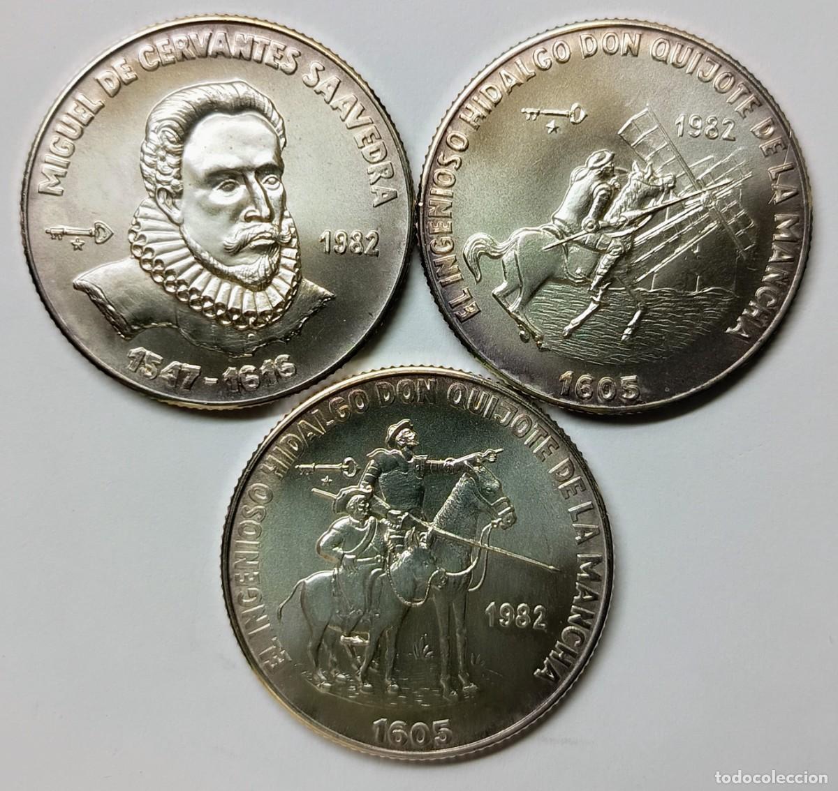 Monedas antiguas de Am&eacute;rica: CUBA. SERIE &ldquo;CERVANTES Y EL QUIJOTE&rdquo;. 1982. 3 MONEDAS DE 5 PESOS. PLATA. FDC. ,999. 12 gramos (x3)