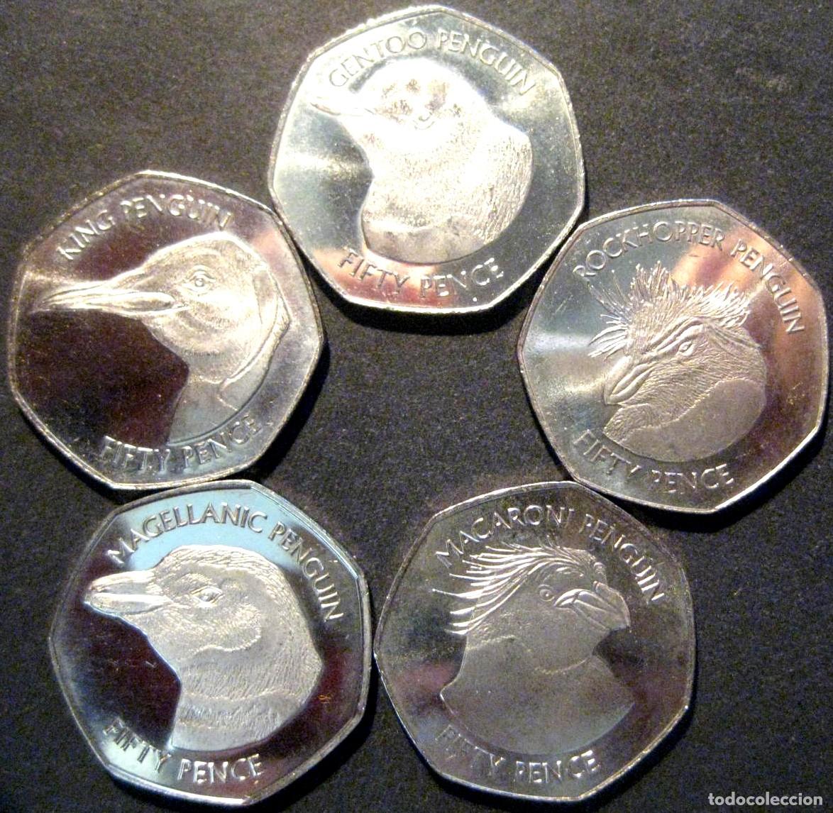 Monedas antiguas de Am&eacute;rica: Falkland Island (Las Malvinas), Set de 5 x 50 peniques (2018): &rdquo;Pinguinos&rdquo;./ Sin Circular.