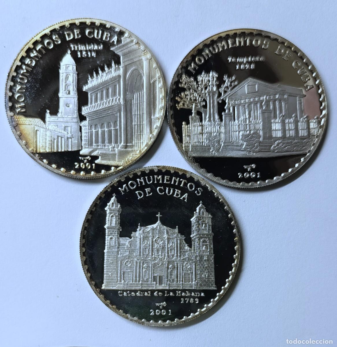 Monedas antiguas de Am&eacute;rica: CUBA. PRECIOSA Y RARA SERIE DE 3 MONEDAS DE 10 PESOS. 2001. &rdquo;MONUMENTOS DE CUBA&rdquo;. PLATA. ,999. PROOF