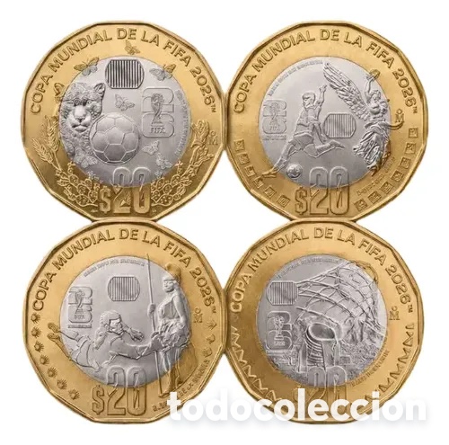 Monedas antiguas de Am&eacute;rica: Set completo de 4 monedas conmemorativas M&eacute;xico &ndash; Mundial FIFA 2026 &ndash; Sin circular (UNC)
