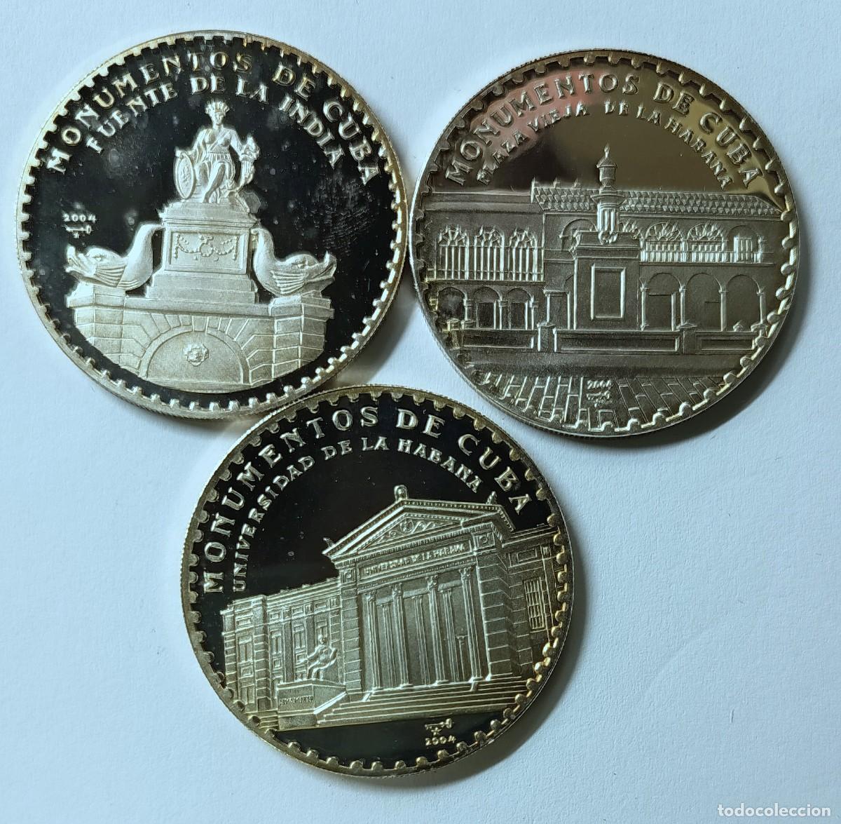 Monedas antiguas de Am&eacute;rica: CUBA. PRECIOSA Y RARA SERIE DE 3 MONEDAS DE 10 PESOS. 2004. &rdquo;MONUMENTOS DE CUBA&rdquo;. PLATA. ,999. PROOF