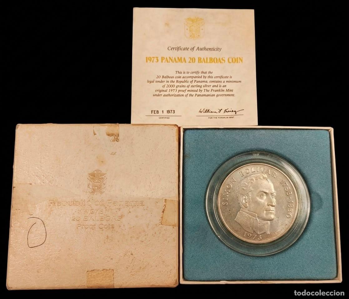 Monedas antiguas de Am&eacute;rica: Panam&aacute; estuche 20 Balboas Sim&oacute;n Bol&iacute;var 1973 Km 31 Plata