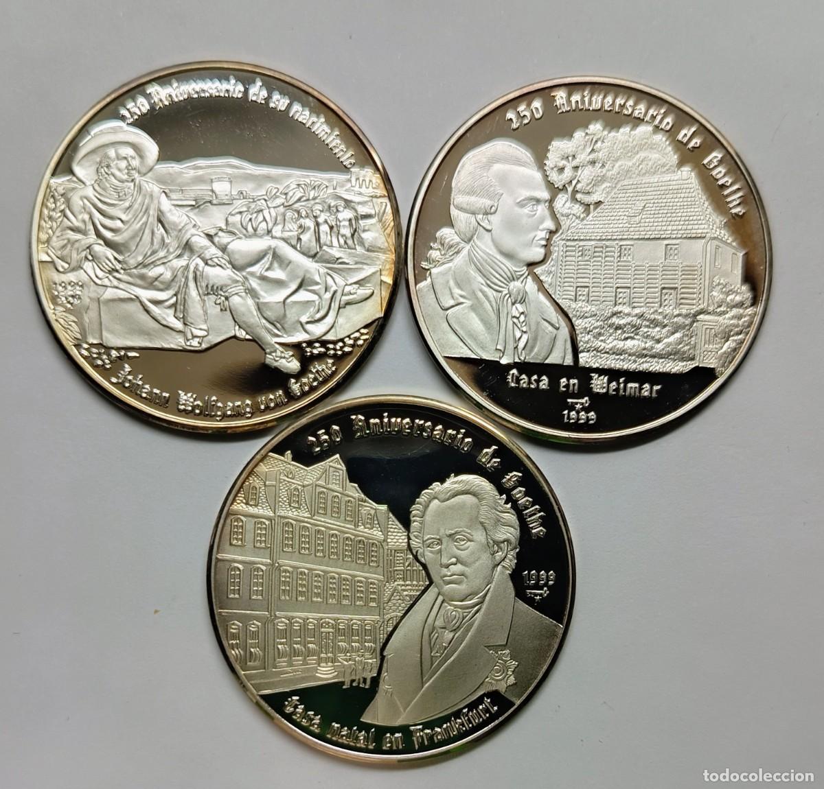 Monedas antiguas de Am&eacute;rica: CUBA. SERIE DE 3 MONEDAS DE 10 PESOS, &ldquo;250 ANIVERSARIO DE GOETHE&rdquo;. 1999. PLATA ,999. MUY RARAS