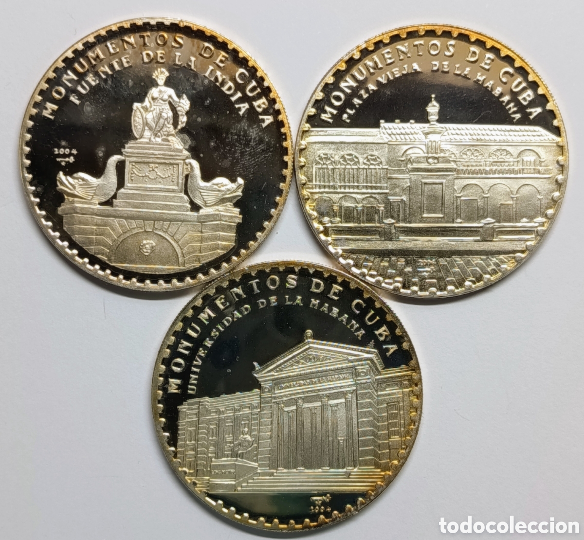Moedas antigas da Am&eacute;rica: CUBA. PRECIOSA Y RARA SERIE DE 3 MONEDAS DE 10 PESOS. 2004. &rdquo;MONUMENTOS DE CUBA&rdquo;. PLATA. ,999. PROOF