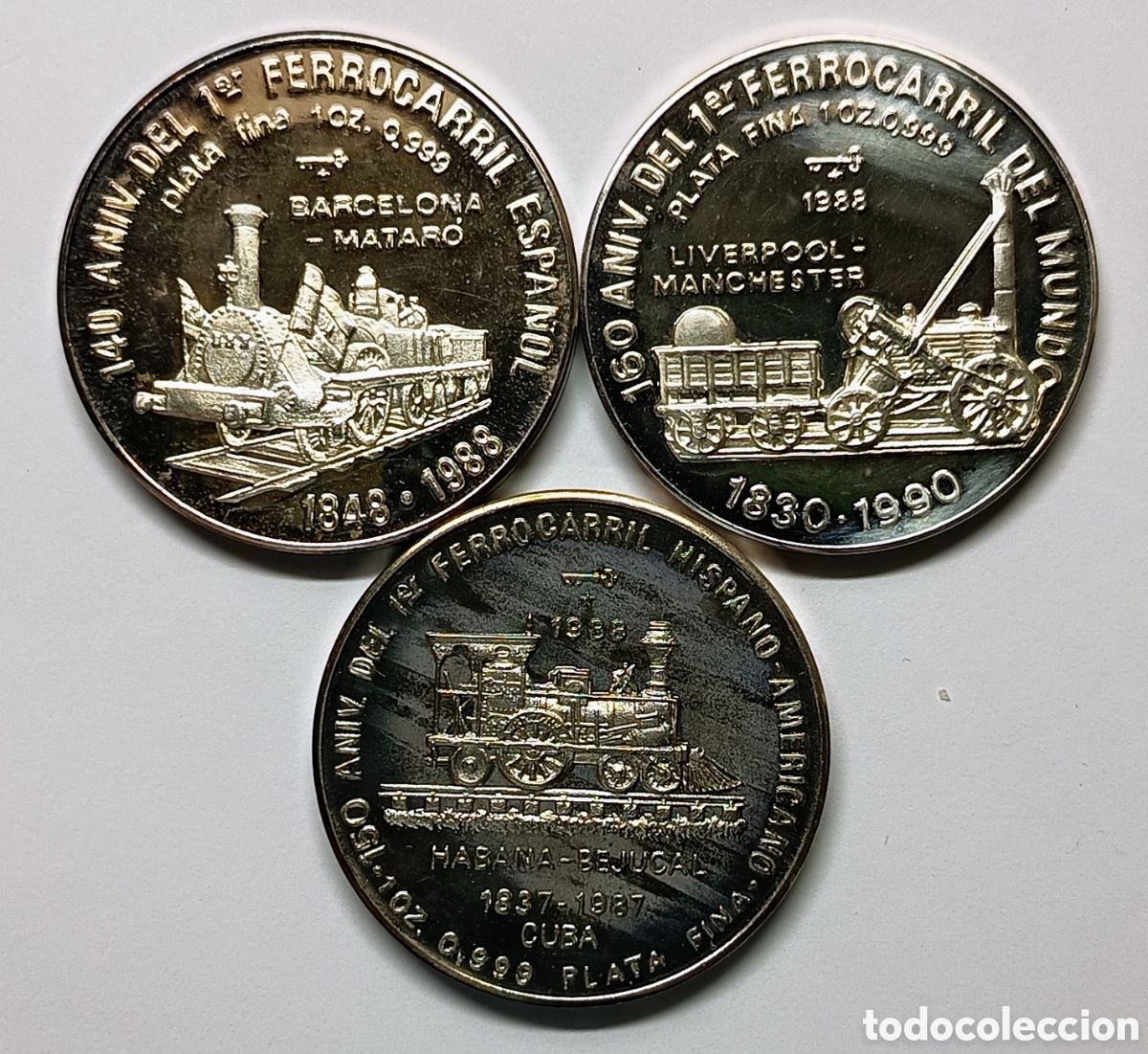 Monedas antiguas de Am&eacute;rica: CUBA. SERIE &ldquo;ANIVERSARIO DEL PRIMER FERROCARRIL&rdquo;. 1988. 3x10 PESOS. PLATA. PROOF. ,999. 31,10 gramos