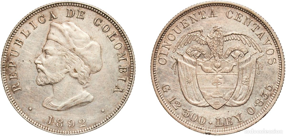 Monedas antiguas de Am&eacute;rica: Colombia Republic 1892 50 Centavos (Discovery of America) Silver (.835) (4826000) 12.47g AU KM 187.