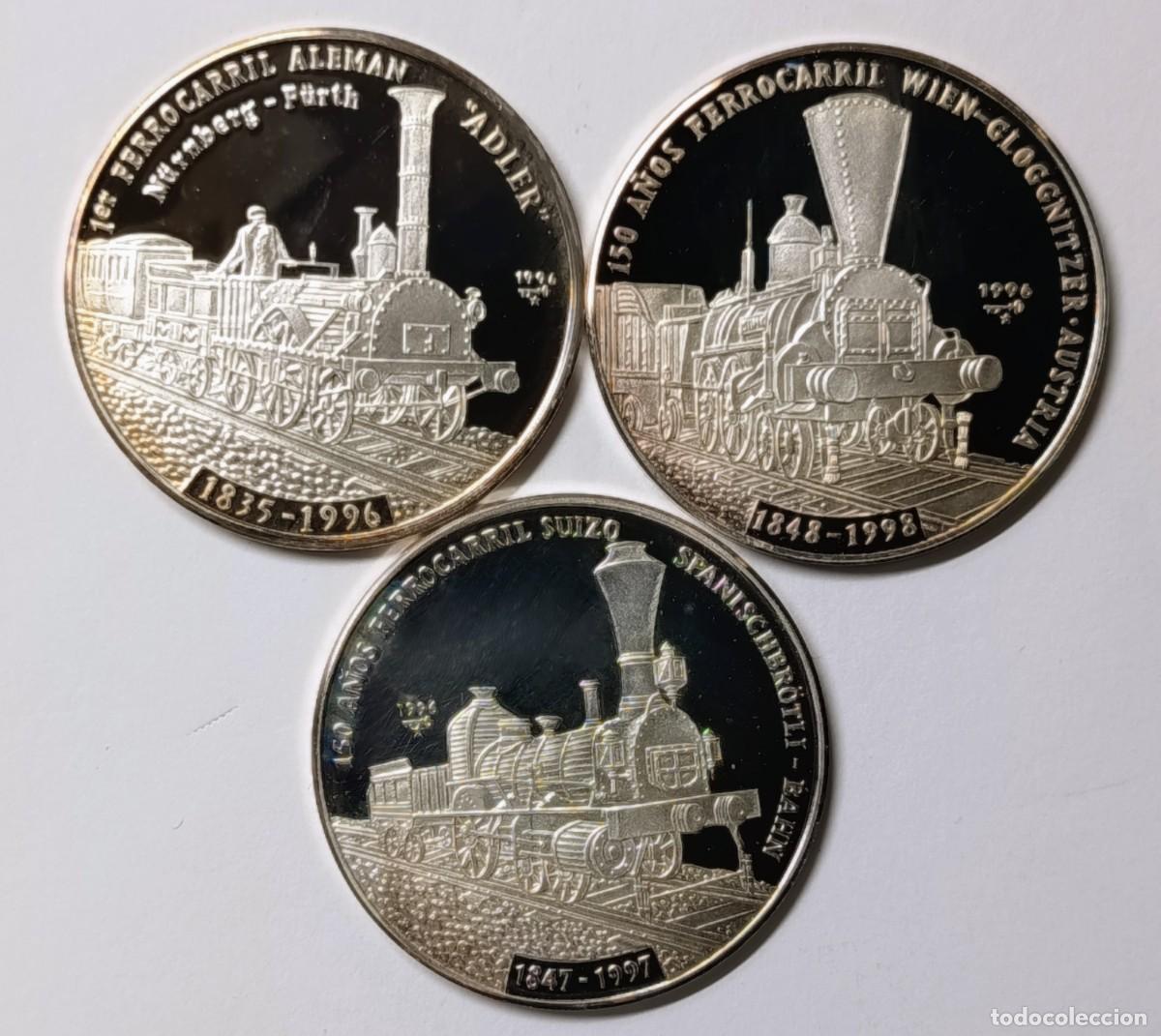 Monedas antiguas de Am&eacute;rica: CUBA. SERIE &ldquo;PRIMER FERROCARRIL&rdquo;. 1996. 3x10 PESOS. PLATA. PROOF. ,999. 15 gramos. RARAS