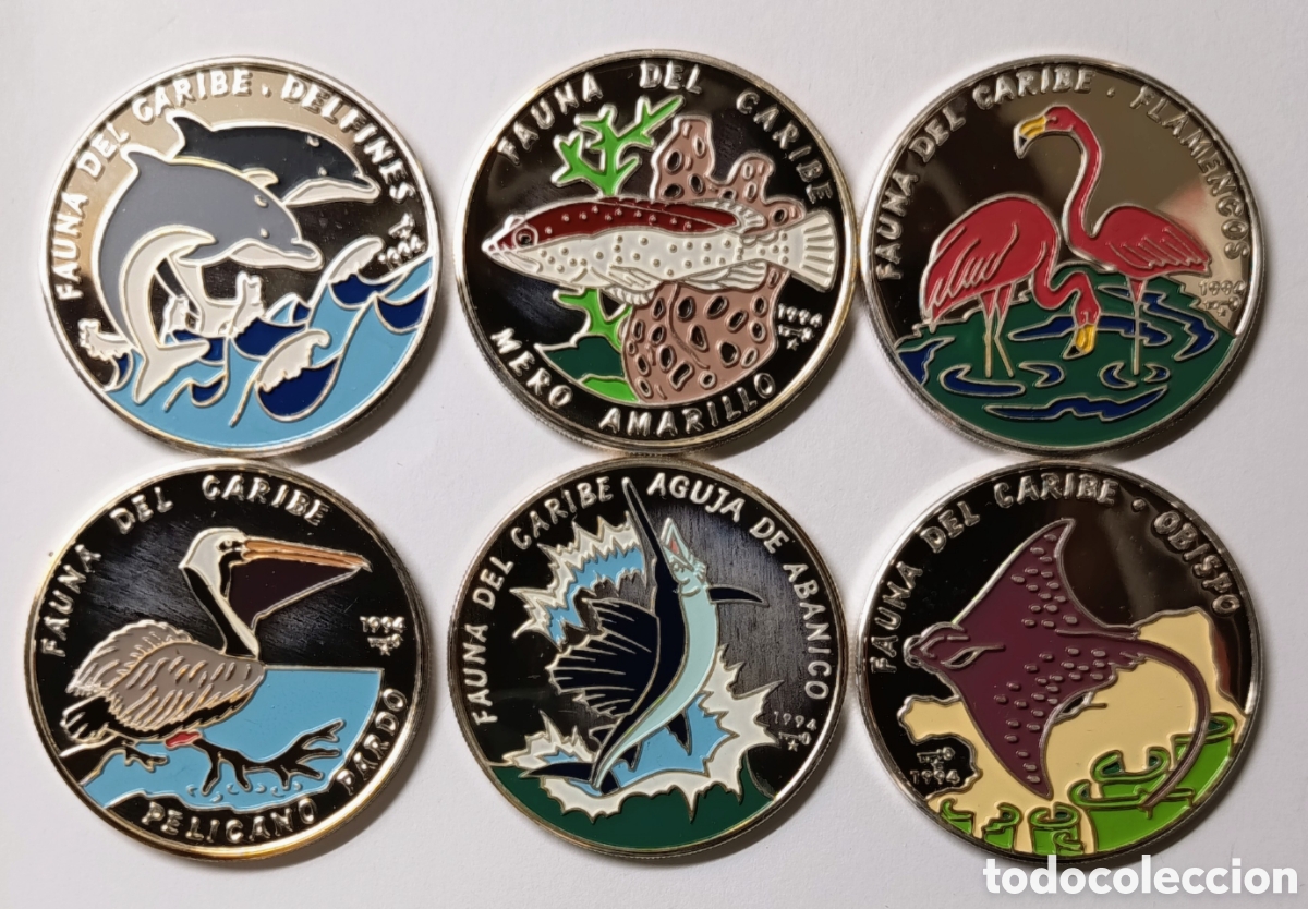 Monedas antiguas de Am&eacute;rica: CUBA. SERIE DE 6 MONEDAS &ldquo;FAUNA DEL CARIBE&rdquo;. 10 PESOS. 1994. PLATA. ,999. 20 GRS.. COLOREADAS. ESCAS