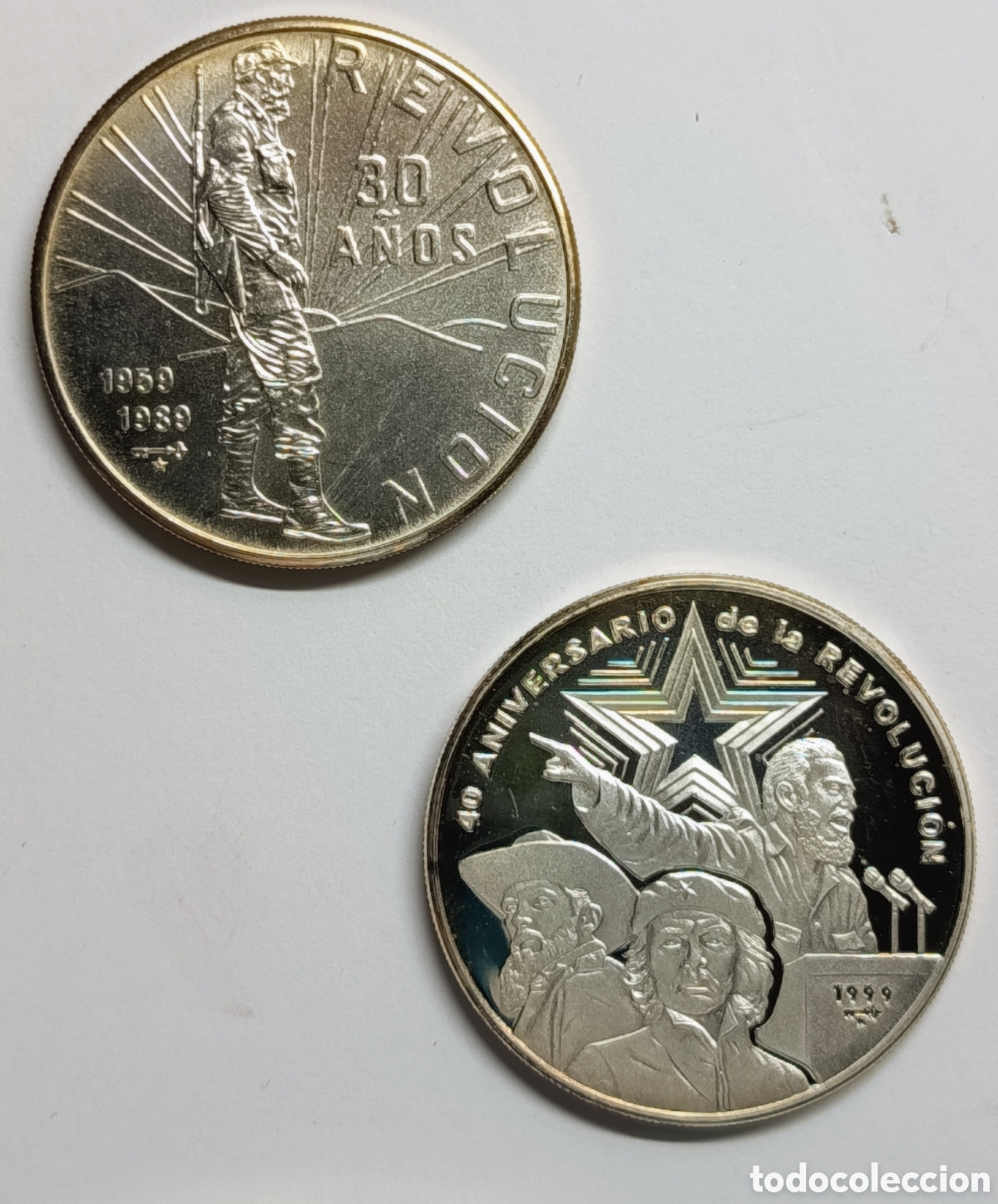 Monedas antiguas de Am&eacute;rica: CUBA. &ldquo;ANIVERSARIO DE LA REVOLUCI&Oacute;N&rdquo;. 2 MONEDAS 1989 Y 1999. 10 PESOS. PLATA. FDC y PROOF. 31,10 GRS
