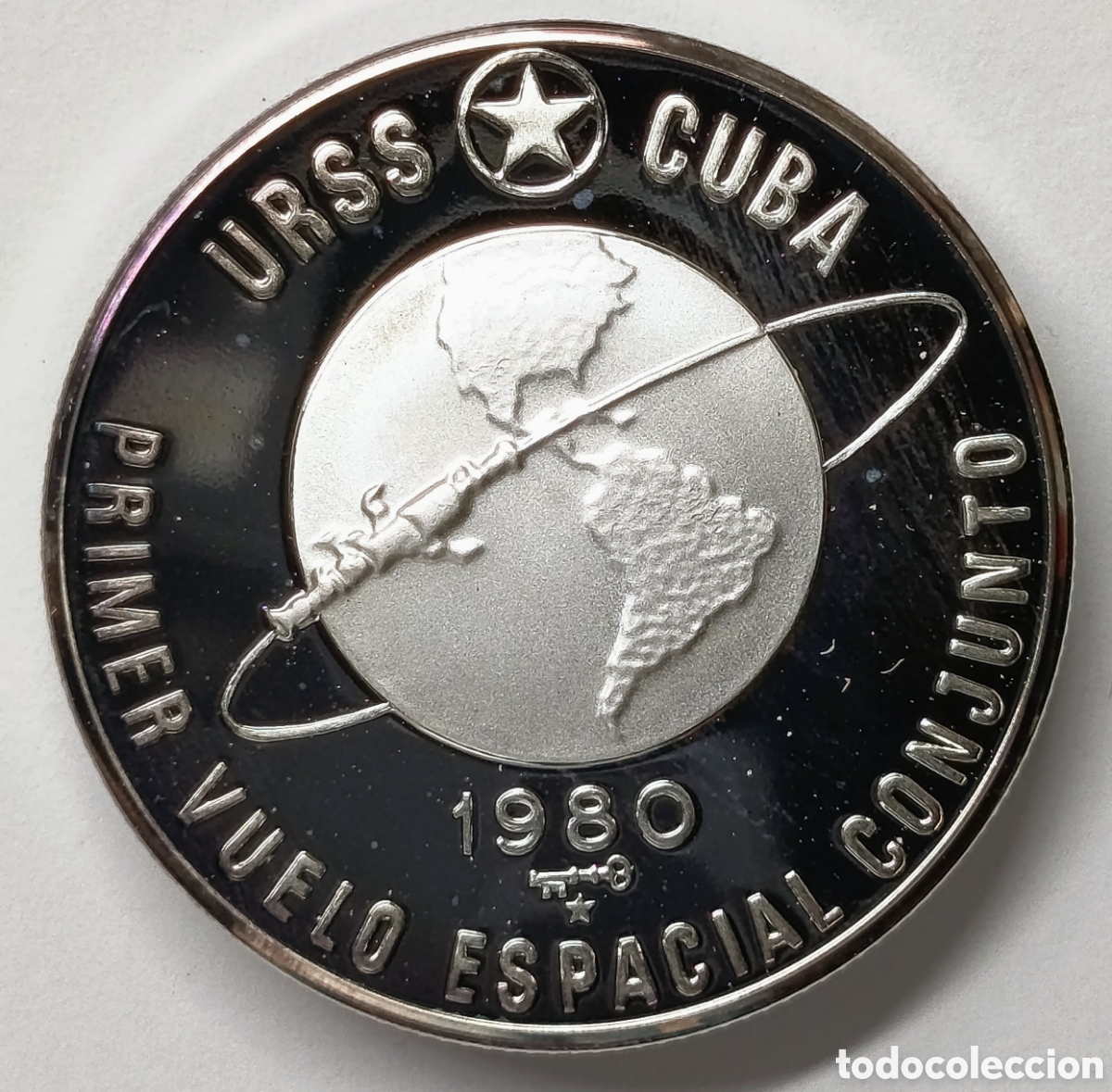 Monedas antiguas de Am&eacute;rica: CUBA. MONEDA &ldquo;VUELO ESPACIAL CONJUNTO URSS CUBA&rdquo;. 1980. 10 PESOS. PLATA. PROOF. 18 gramos ,999. RARA