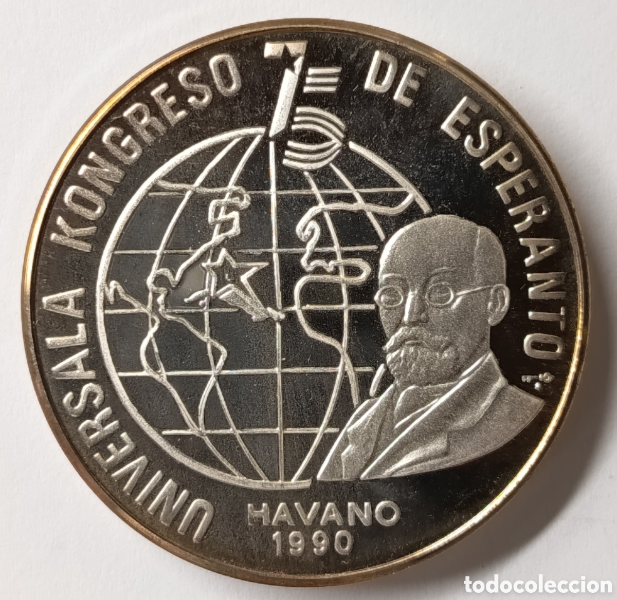 Monedas antiguas de Am&eacute;rica: CUBA. MONEDA &ldquo;UNIVERSALA KONGRESO DE ESPERANTO&rdquo;. 1990. 5 PESOS. PLATA. PROOF ,999. 16 grs. RARA