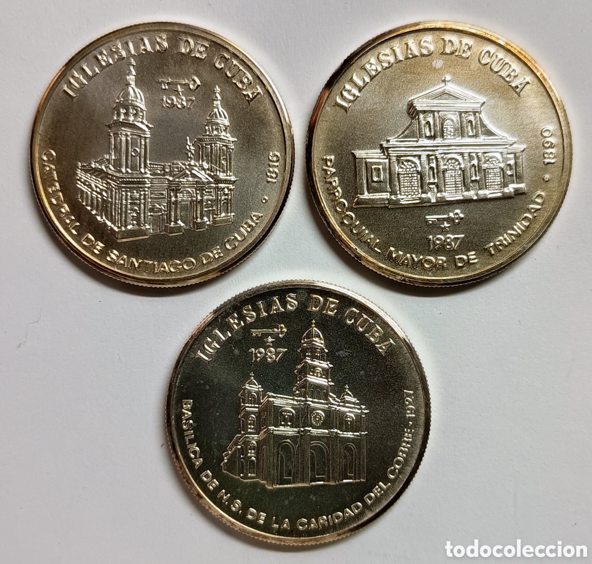 Monedas antiguas de Am&eacute;rica: CUBA. 3 MONEDAS &ldquo;IGLESIAS DE CUBA&rdquo;. 1987. PLATA. FDC. 12 gramos ,999. RARAS