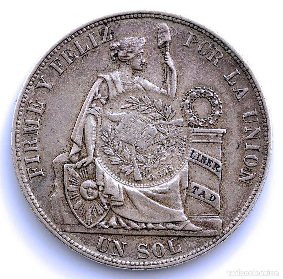 Monedas antiguas de Am&eacute;rica: SC-Guatemala-Un sol de Per&uacute; 1887 con &rdquo;RESELLO&rdquo; de Guatemala. EBC-/XF- Plata 25g