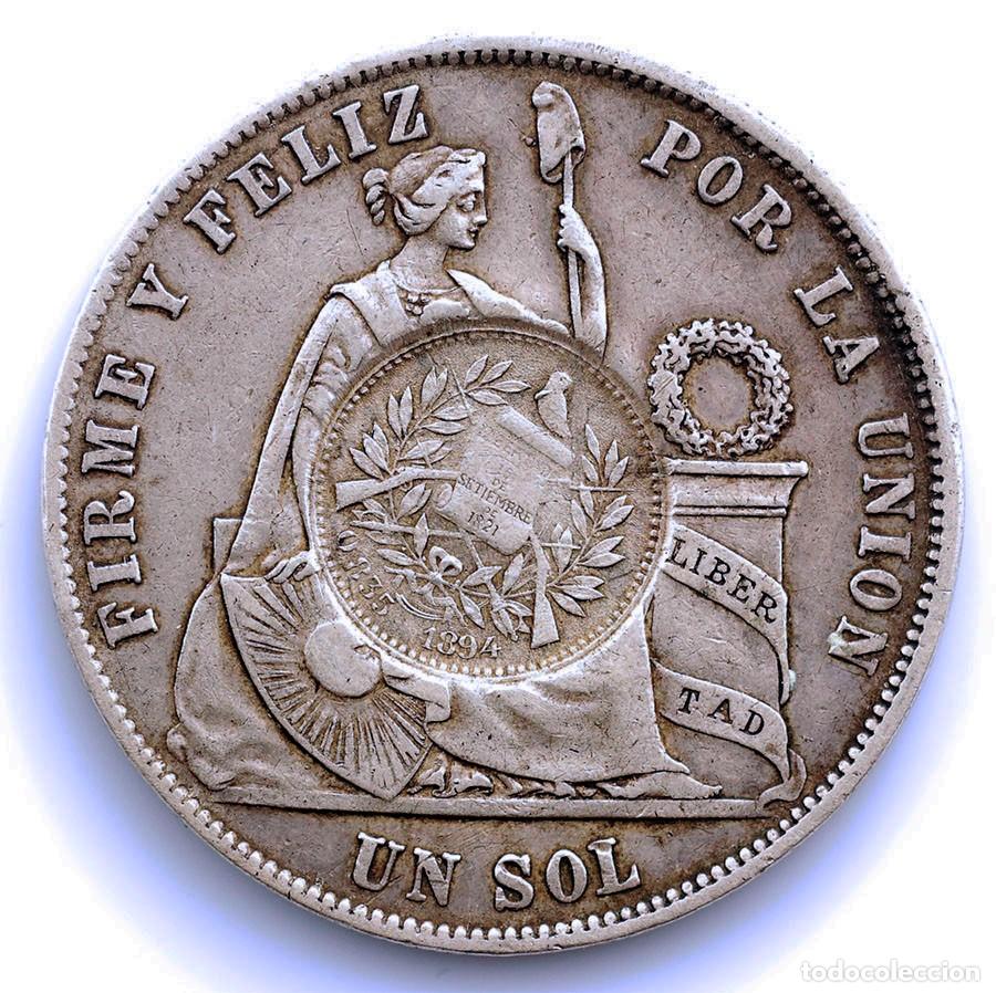 Monedas antiguas de Am&eacute;rica: SC-Guatemala-Un sol de Per&uacute; 1870 con &rdquo;RESELLO&rdquo; de Guatemala. EBC-/XF- Plata 24,8g