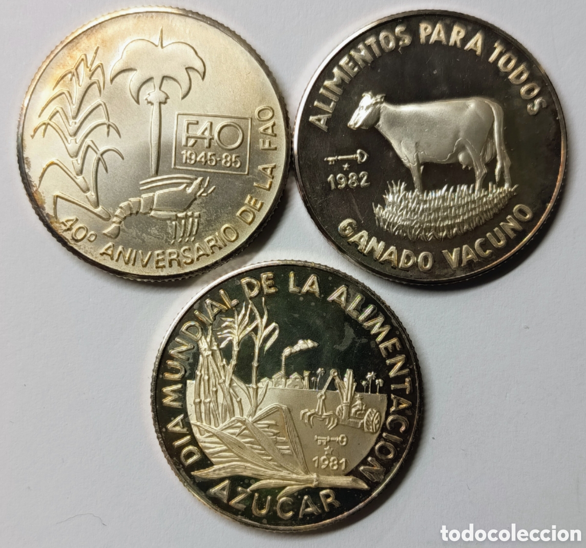 Monedas antiguas de Am&eacute;rica: CUBA. 3 MONEDAS DE 5 PESOS 1981, 1982 Y 1985. PLATA. 12 grs. ,999. RARAS O EXTREMADAMENTE RARAS