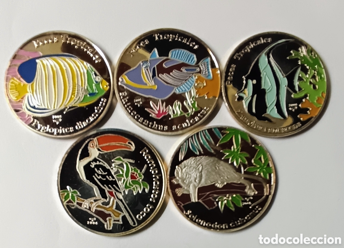 Monedas antiguas de Am&eacute;rica: CUBA. 5 MONEDAS DE 10 PESOS 2005 y 2006. PLATA. PROOF. MULTICOLOR. 15 grs. ,999. RARAS O MUY RARAS