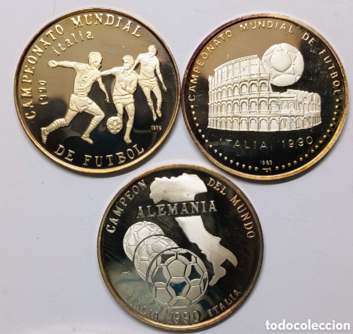 Monedas antiguas de Am&eacute;rica: CUBA. 3x5 PESOS 1989 Y 1990. &ldquo;CAMPEONATO MUNDIAL DE FUTBOL. ITALIA 1990&rdquo; PLATA. PROOF. 16 grs. ,999.