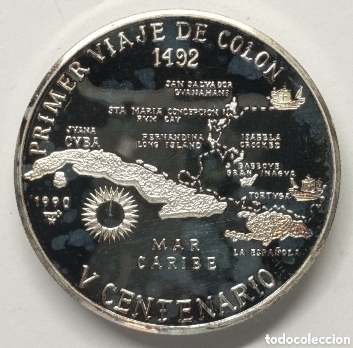 Monnaies anciennes d'Am&eacute;rique: CUBA. MONEDA DE 10 PESOS 1990. &ldquo;PRIMER VIAJE DE COL&Oacute;N&rdquo; PLATA. PROOF. 20 grs. ,999.