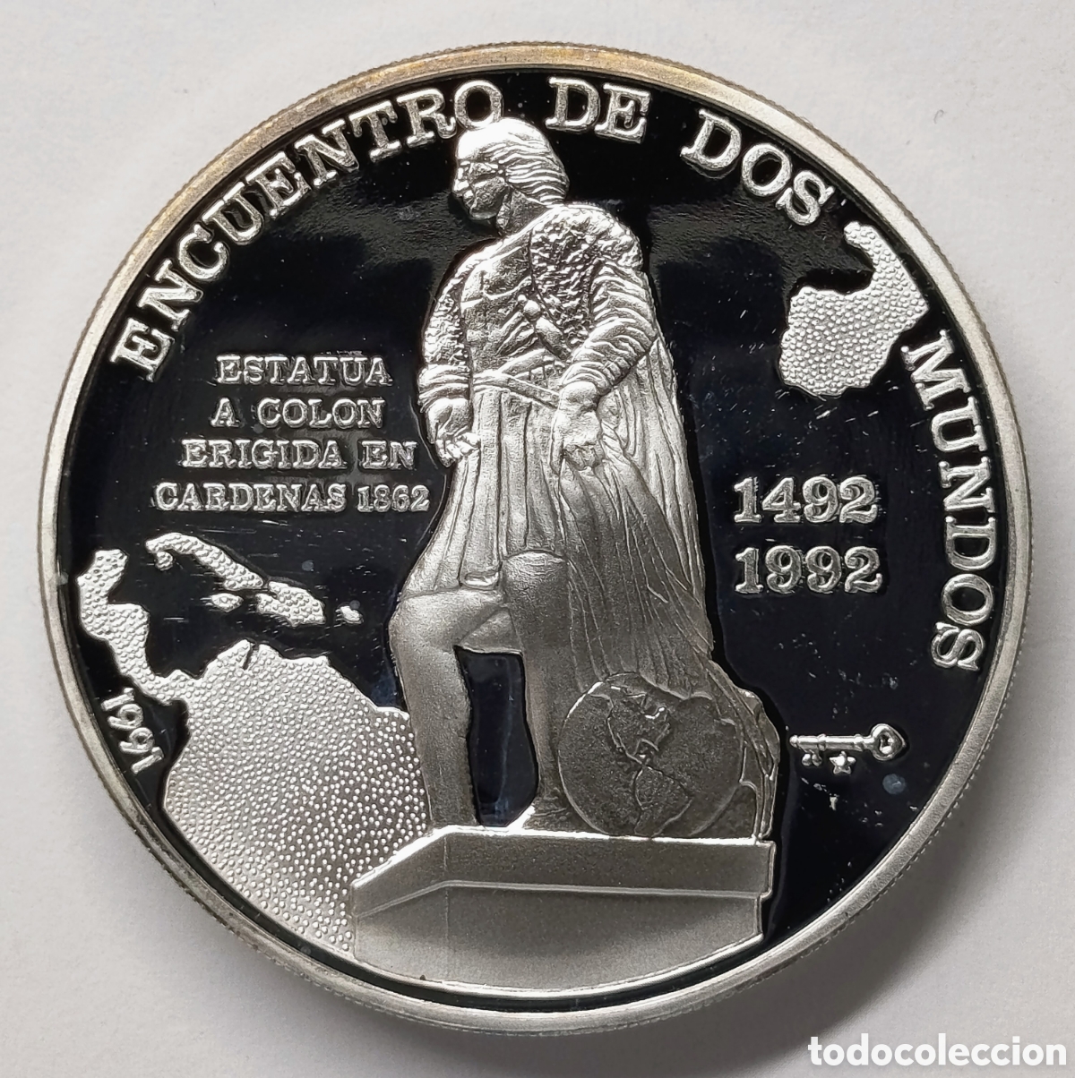 Monedas antiguas de Am&eacute;rica: CUBA. MONEDA DE 10 PESOS 1991. &ldquo;ENCUENTRO DE DOS MUNDOS. ESTATUA A COL&Oacute;N&rdquo; PLATA. PROOF. 27 grs. ,999