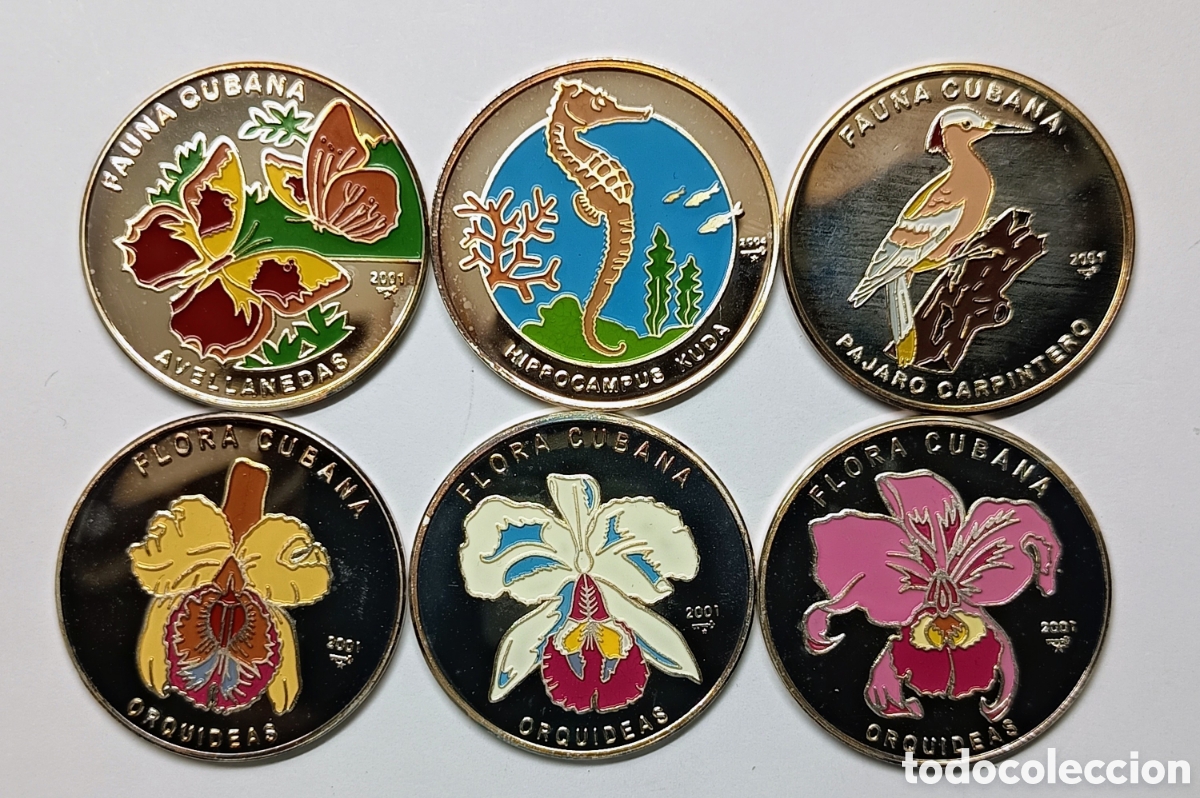 Monedas antiguas de Am&eacute;rica: CUBA. 6 MONEDAS DE 10 PESOS 2001 Y 2004. &ldquo;FLORA Y FAUNA CUBANAS&rdquo; PLATA. PROOF. MULTICOLOR. 6x15 grs.