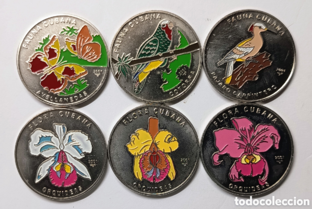 Monedas antiguas de Am&eacute;rica: CUBA. 6 MONEDAS DE 1 PESO 2001. &ldquo;FLORA Y FAUNA CUBANAS&rdquo; N&Iacute;QUEL RECUBIERTO DE ACERO. MULTICOLOR.