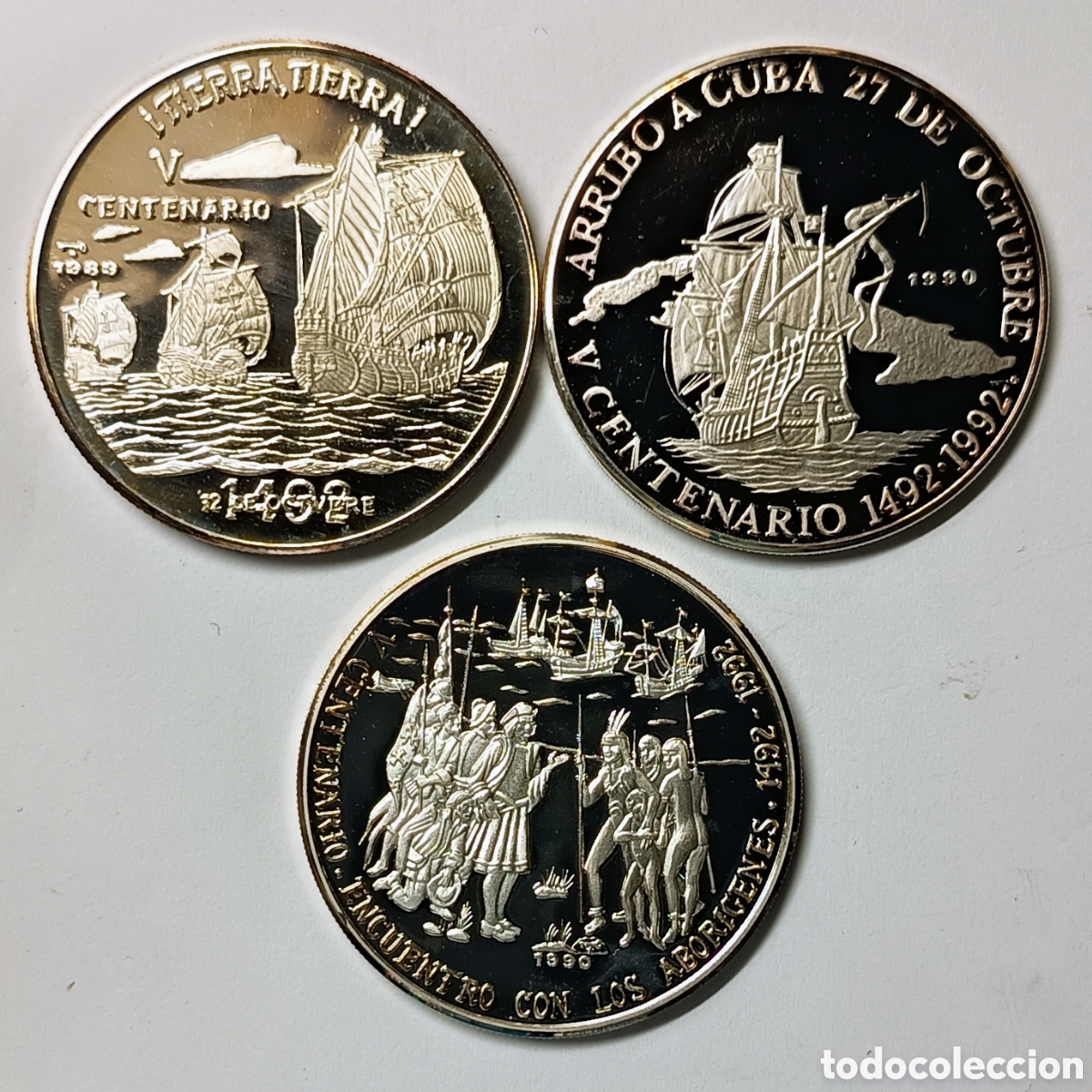 Monedas antiguas de Am&eacute;rica: CUBA. 3 MONEDAS DE 10 PESOS 1989 Y 1990. &ldquo;V CENTENARIO&rdquo;. PLATA. PROOF. 20 grs. ,999.