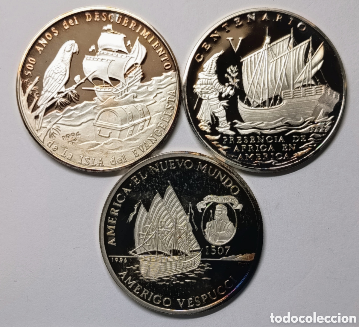Monedas antiguas de Am&eacute;rica: CUBA. 3 MONEDAS DE 10 PESOS. 1992, 1994 Y 1996. &ldquo;V CENTENARIO&rdquo;. PLATA. PROOF. 20 grs. ,999.