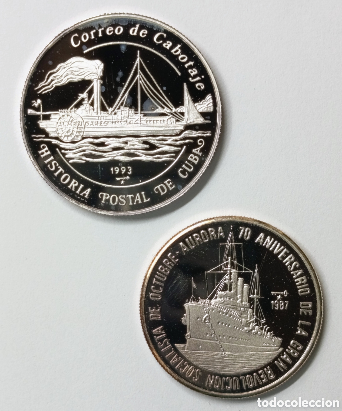 Monedas antiguas de Am&eacute;rica: CUBA. 2 MONEDAS DE 5 PESOS. 1987 Y 1993 &ldquo;BARCOS&rdquo; PLATA. PROOF. 12 Y 15 gramos ,999. MUY RARAS