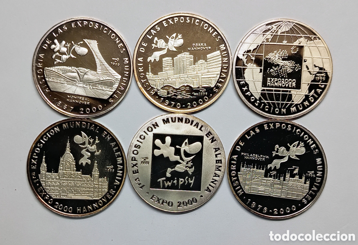 Monedas antiguas de Am&eacute;rica: CUBA. 6 MONEDAS DE 5 PESOS. 1999 &ldquo;EXPOSICIONES MUNDIALES&rdquo;. PLATA. PROOF. 7 gramos ,999.