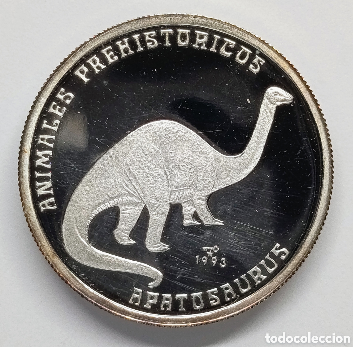 Monedas antiguas de Am&eacute;rica: CUBA. MONEDA DE 5 PESOS. 1993. &ldquo;ANIMALES PREHIST&Oacute;RICOS. APATOSAURUS&rdquo;. PLATA. PROOF. 6 gramos ,999.