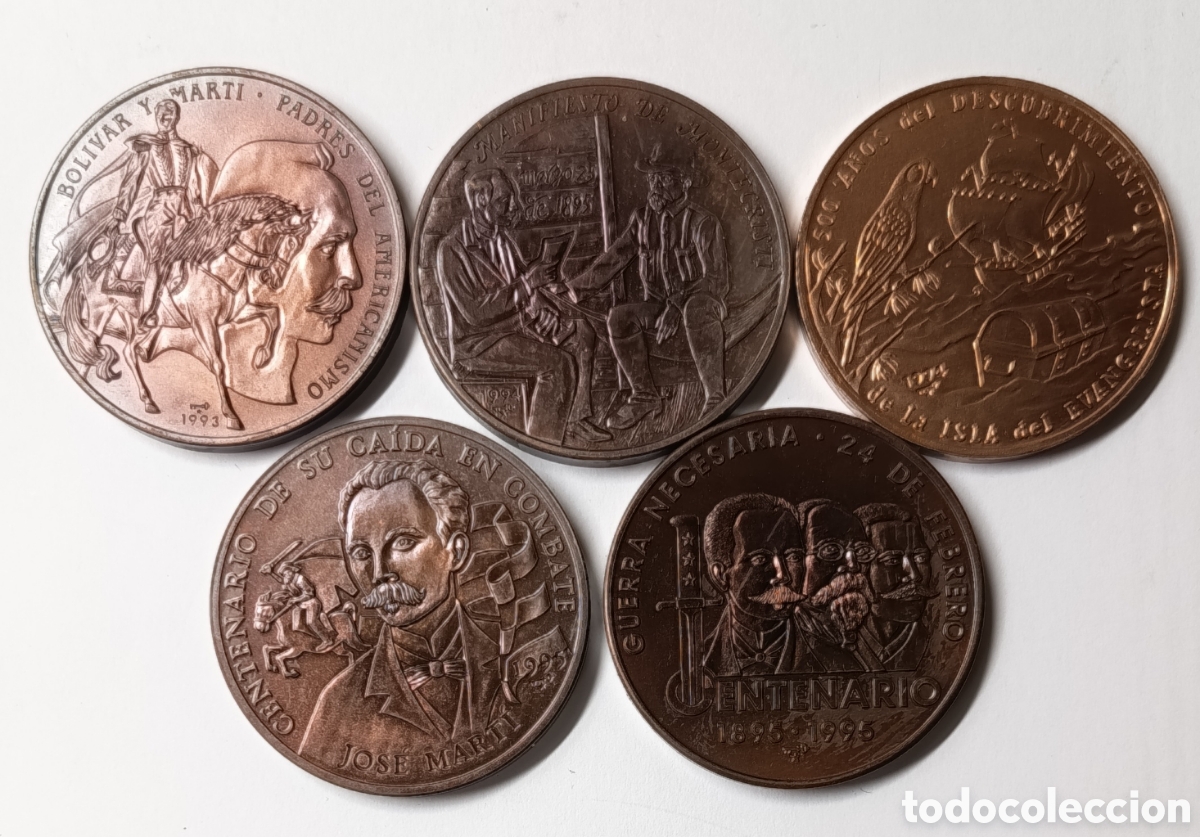 Old Coins of America: CUBA. 5 MONEDAS DE 1 PESO. 1993-1995. COBRE. FDC. 31,10 gramos. RARAS