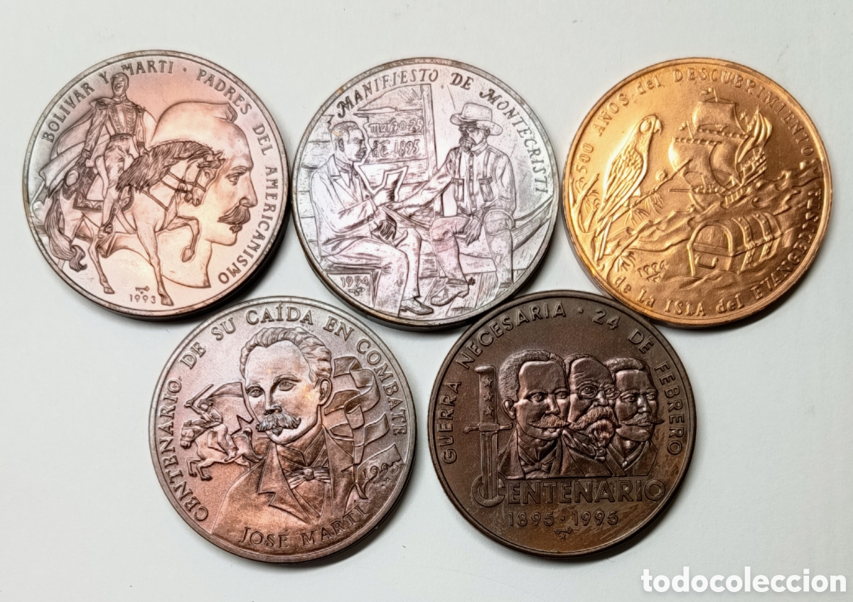 Monedas antiguas de Am&eacute;rica: CUBA. 5 MONEDAS DE 1 PESO. 1994-1995. COBRE. FDC. 31,10 gramos. RARAS