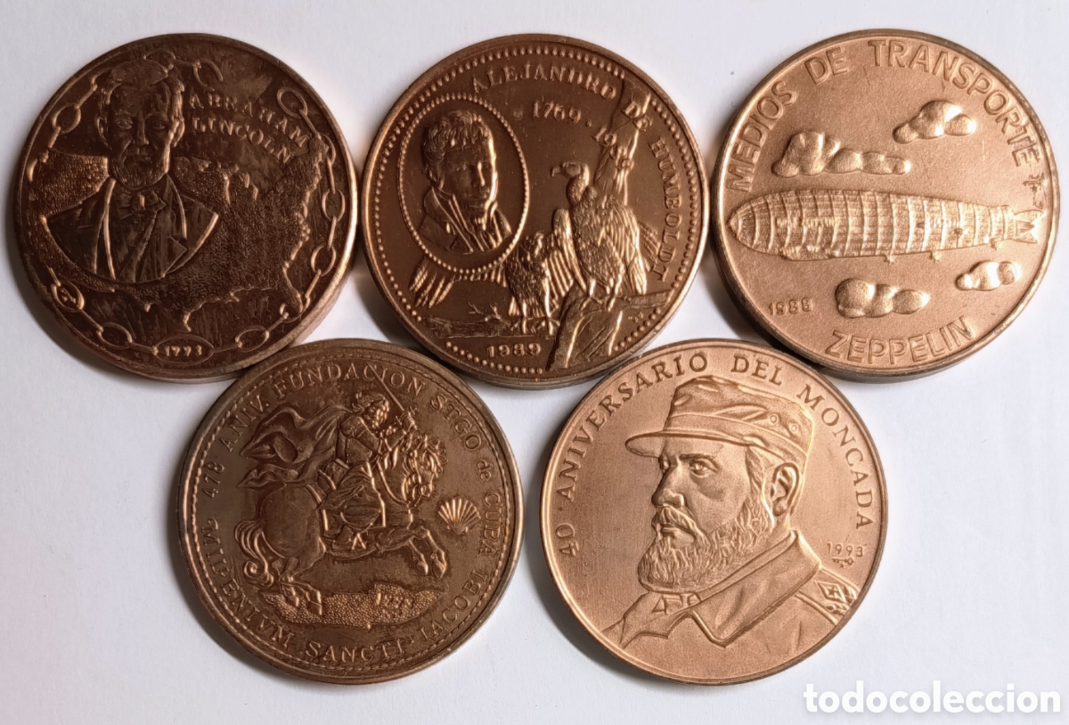 Monedas antiguas de Am&eacute;rica: CUBA. 5 MONEDAS DE 1 PESO. 1988-1993. COBRE. FDC. 31,10 6 gramos. RARAS