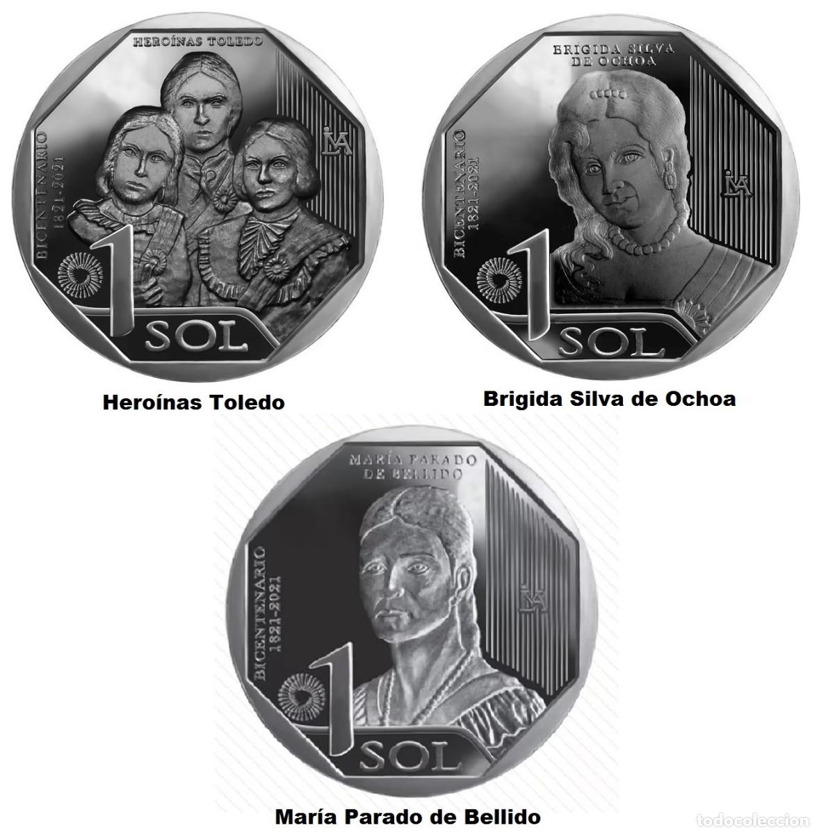 Monnaies anciennes d'Am&eacute;rique: PERU, Set de 3 x 1 Sol &rdquo;Hero&iacute;nas de Per&uacute; (alpaca)&rdquo; UC#114/16./ Sin Circular.